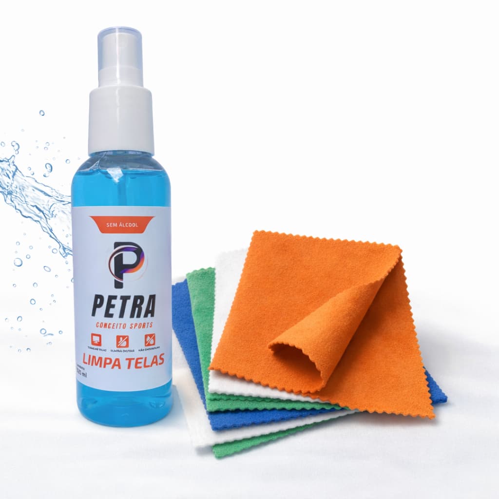 Limpa Telas 120ml + 5 Flanelas Microfibra Suede Remove Sujeira, Digitais Celular, TV, Tablet, Laptop