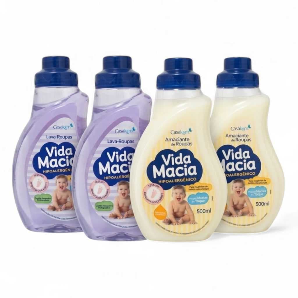 Kit Vida Macia Bebê 2x Lava-Roupas  2x Amaciante 500ml Glicerina Camomila Hipoalergênico