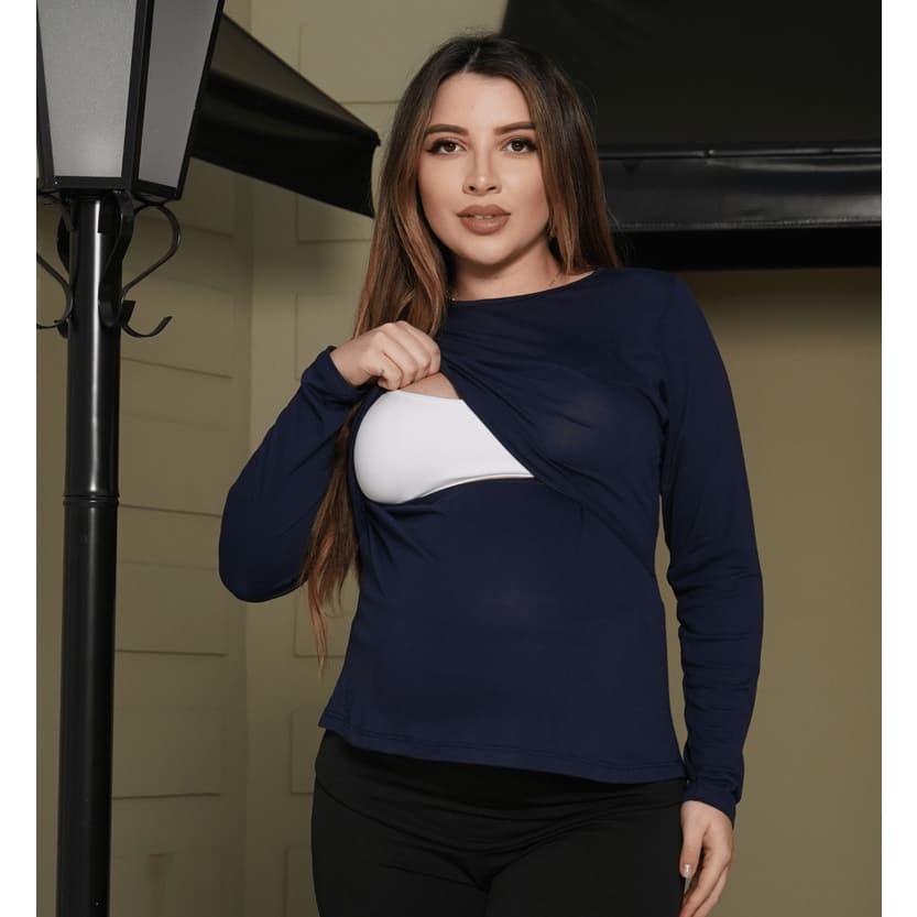 Blusa amamentação manga longa gola redonda blusinha gestante t-shirt grávida outono inverno meia estação roupa maternity