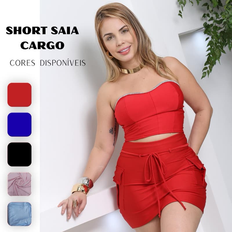 short saia cargo  c/bolso tecido SUPLEX moda feminina cintura alta