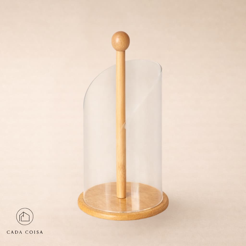 Suporte Porta Rolo de Papel de Toalha de Bambu Com Protetor de Acrílico
