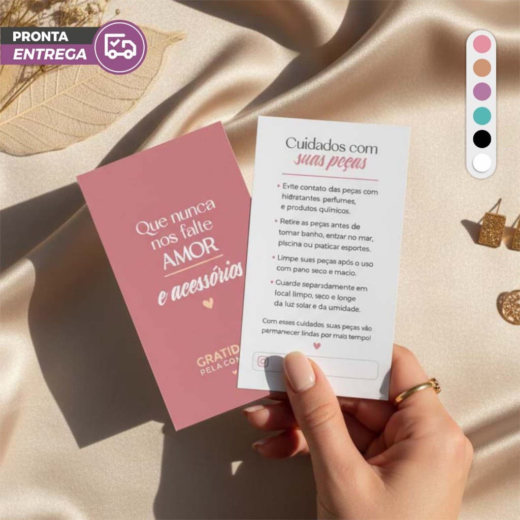 Cartão de Cuidados para Semi joias Acessórios Bijuterias 5x9cm 25 200 UNIDADES