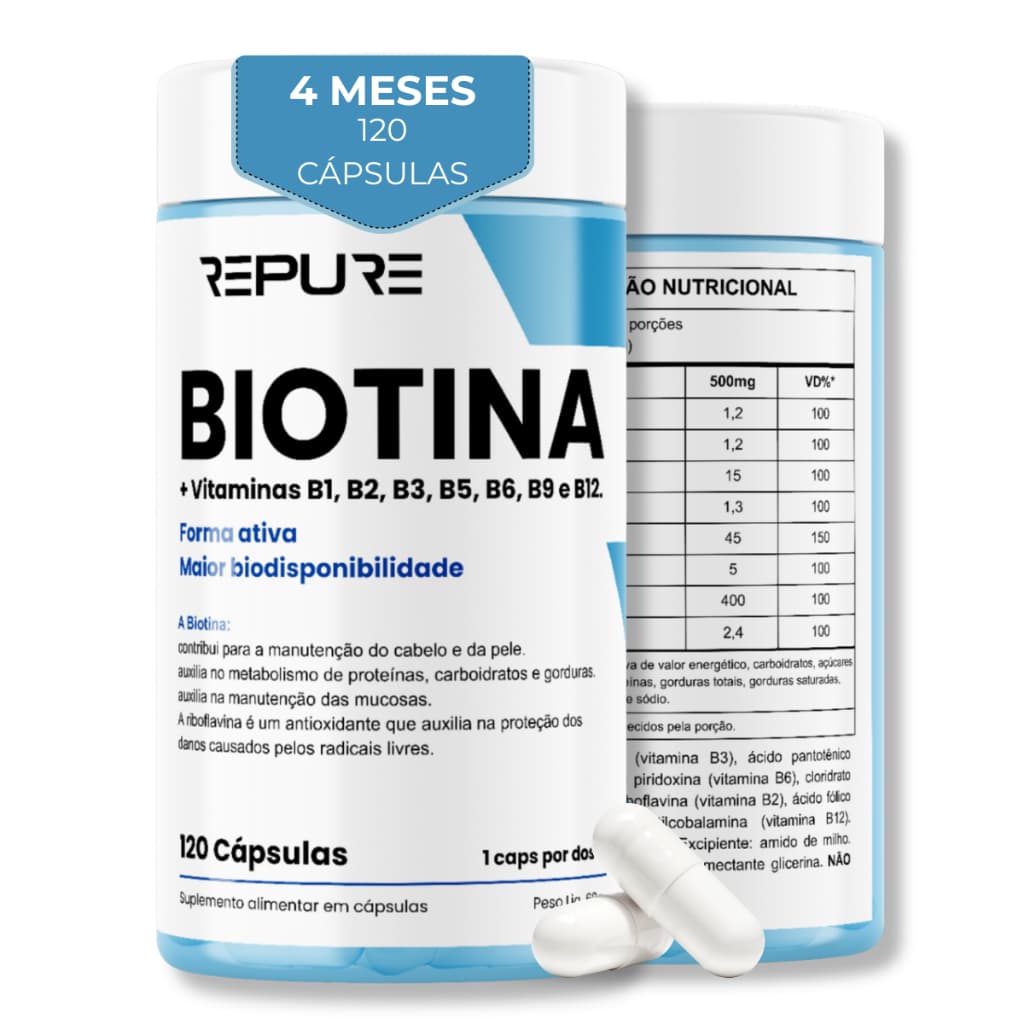 Biotina 45mcg Complexo B 120 Cáps Crescimento Capilar Queda de Cabelo Unhas Fortes Pele Repure Nutrition