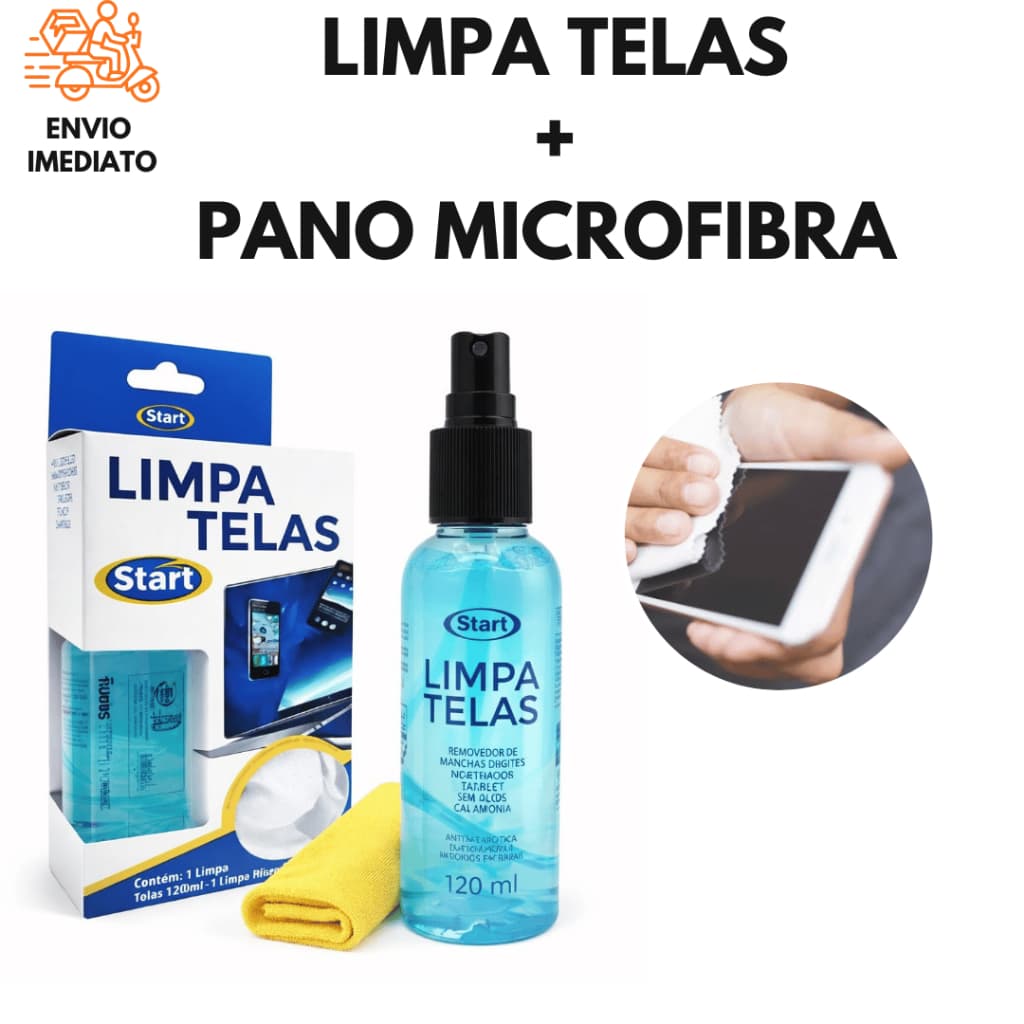 Kit Limpa Telas 120ml + Pano Microfibra Limpeza Celular Notebook TV Sem Manchas
