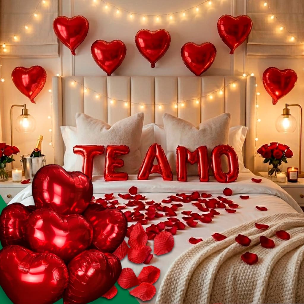 Kit Romântico 200 Pétalas Artificiais + 5 Balão Coração + Te Amo