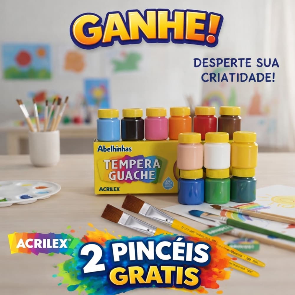 Tinta Guache Acrilex - Caixa Com 12 Cores 15Ml Cada + 2 Pinceis | Tinta Colorida Pintura