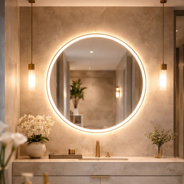 Espelho Redondo LED 50x50 Touch 3 Cores Jateado Lapidado Decorativo Para Banheiro