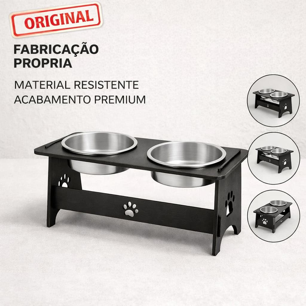 Comedouro Duplo Alumínio Pet Base Mdf Pote Alimentador