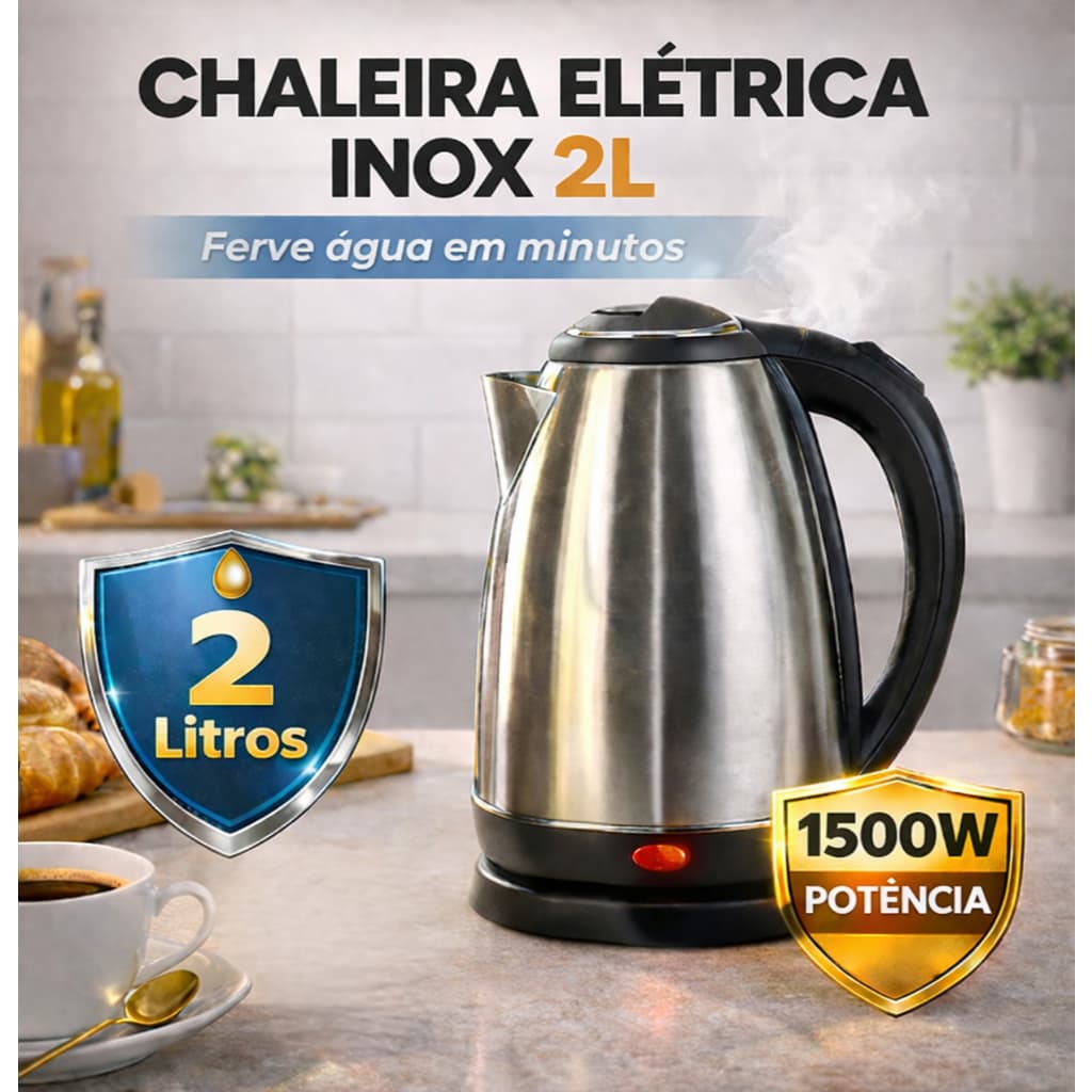 Chaleira Elétrica Inox 2L 127V/220V Ferve Água Rápido Desligamento Automático Café Chá