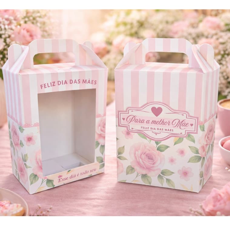 Caixa de presente Maleta Vitrine com Visor de Acetato | Dia das Mães Estampas Exclusivas |  Caixa com Visor