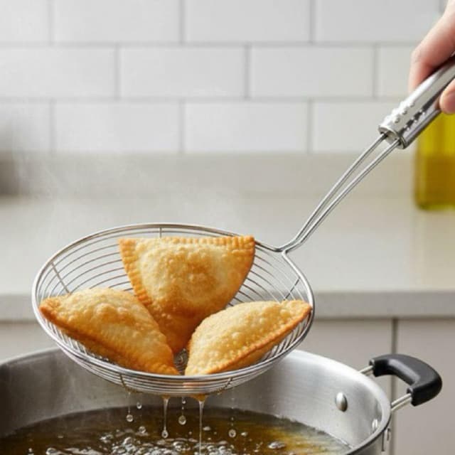 Escumadeira Inox 11x29cm Cesta Aramada Fritura Cozinha Resistente Drenagem Rápida