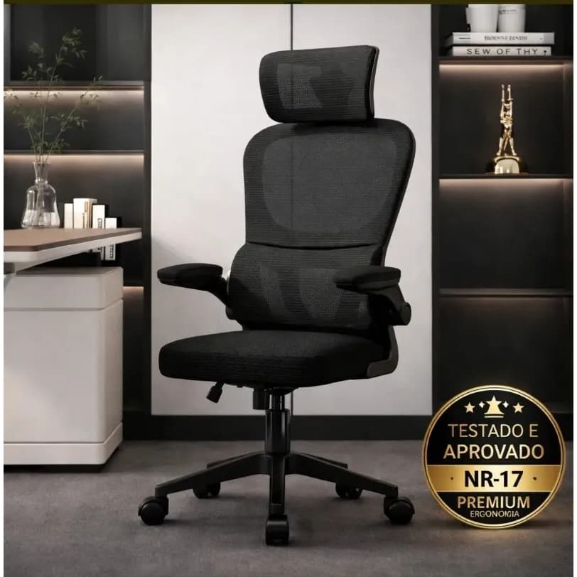 Cadeira de Escritório Ergonômica preta Giratória com Apoio Lombar e Braços Ajustáveis - BRIELLI HOME