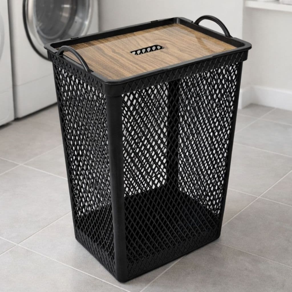 Cesto De Roupa Suja Com Tampa Grande 49L Preto Telado P/ Banheiro Lavanderia - Plástico Reforçado