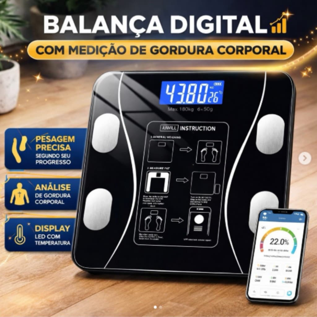 Balança Corporal Bioimpedância Bluetooth App Visor LCD 140kg Controle Peso Fitness