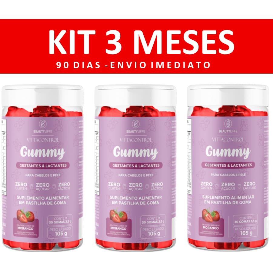 KIT 3 Vittacontrol Gummy Gestantes e Lactantes ZERO AÇUCAR com Biotina para Cabelos e Pele | 90 DIAS