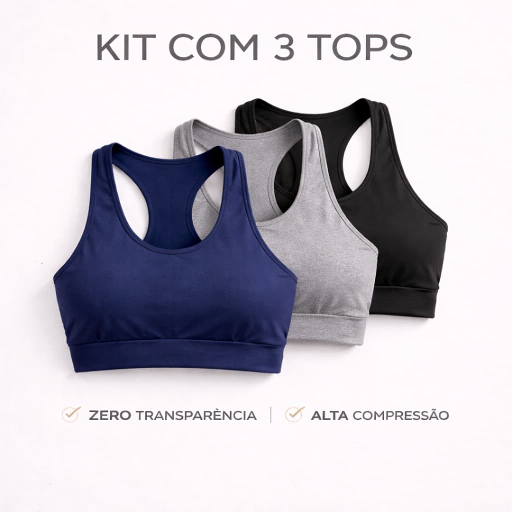 Kit 3 Tops Fitness Suplex Alto Sustentação, Zero Transparência DJX FITNESS sem bojo