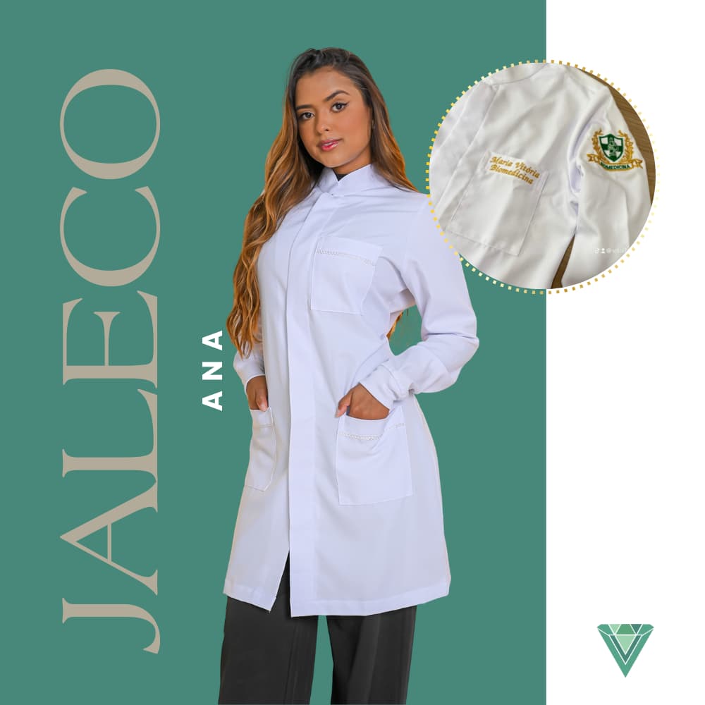 Jaleco Feminino  Personalizado Bordado  Acinturado Gabardine Branco Gola Padre Botão hospitalar