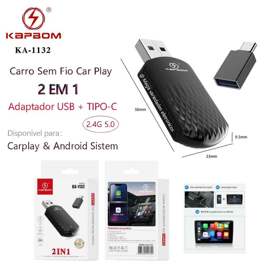 2 EM 1 Adaptador USB e Tipo-C Wireless CarPlay & Android Auto – Conexão Sem Fio via Wi-Fi para Centrais Multimída