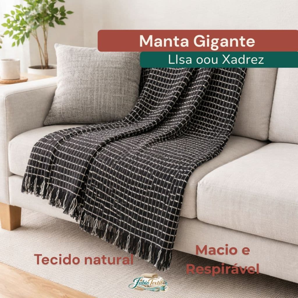 Manta Gigante 100% Algodão Antialérgica 2,40m x 1,70m Lisa ou Xadrez para Sofá e Cama