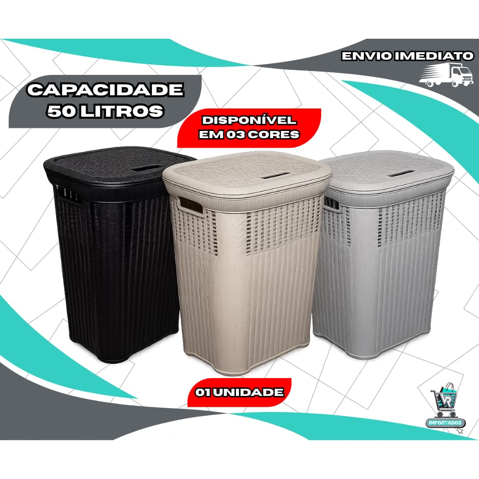 Cesto Organizador Roupa Suja Telado Rattan 50 Litros Tampa Banheiro Lavanderia Reforçado Resistente