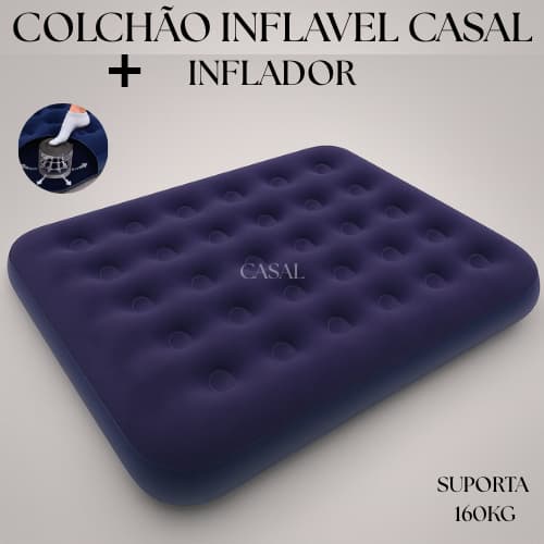 COLCHÃO INFLAVEL CASAL + INFLADOR ACLOPADO BOMBA DE AR  SUPORTA 150KG CAMPING PISCINA MULTIUSO