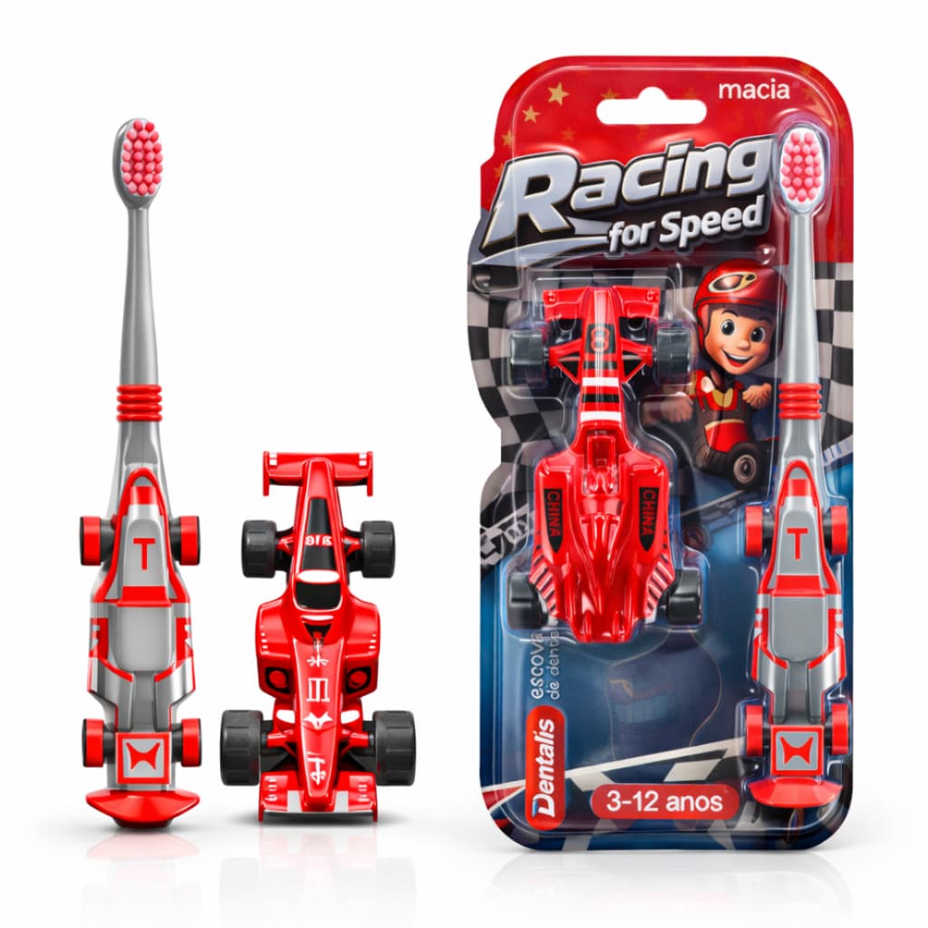 Escova Dental Infantil Menino com Brinquedo Carrinho Fórmula 1, Cerdas Ultra Macias, Cabeça Pequena, Cabo Ergonômico