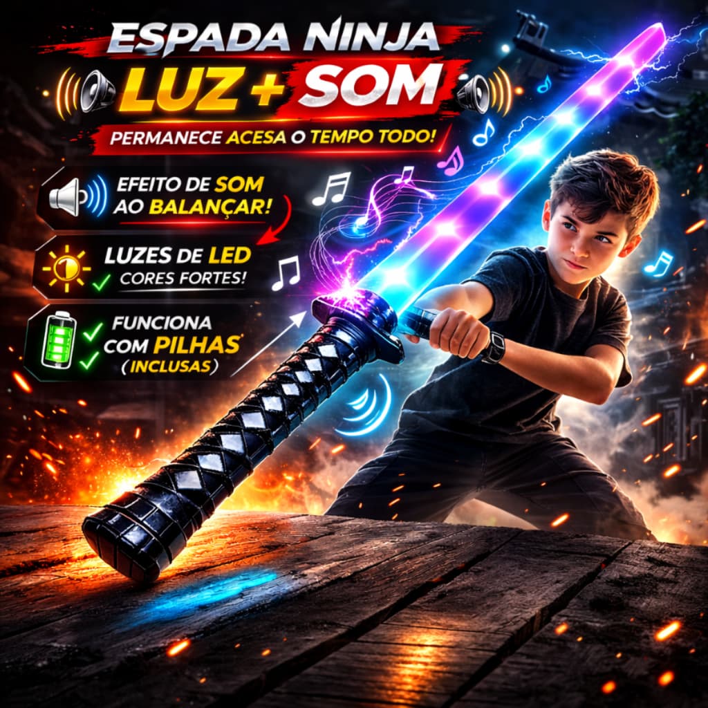 Espada Ninja Samurai Infantil 70cm LED Luz e Som Sensor Movimento Katana Brinquedo