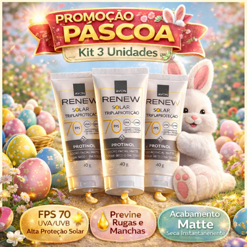 Kit 3 Protetor Solar Avon FPS 70 Renew Protinol Tripla Proteção Age 3x mais 40g