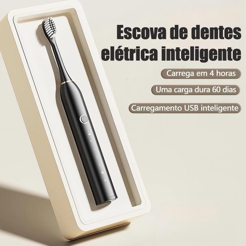Kit Escova Dental Elétrica Sônica Recarregável IPX7 à Prova d’Água c/ 4 Cabeças Substituíveis