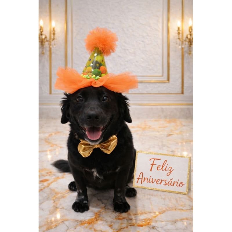 Chapéu Pet Luxo Aniversário com Pompons + Gravata Borboleta Dourada | Acessório Pet Festa Cães e Gatos