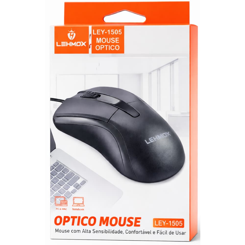 Mouse Preto USB Compacto LEHMOX LEY-1505 1200 DPI com Cabo 1,5m - Conforto e Alta Sensibilidade