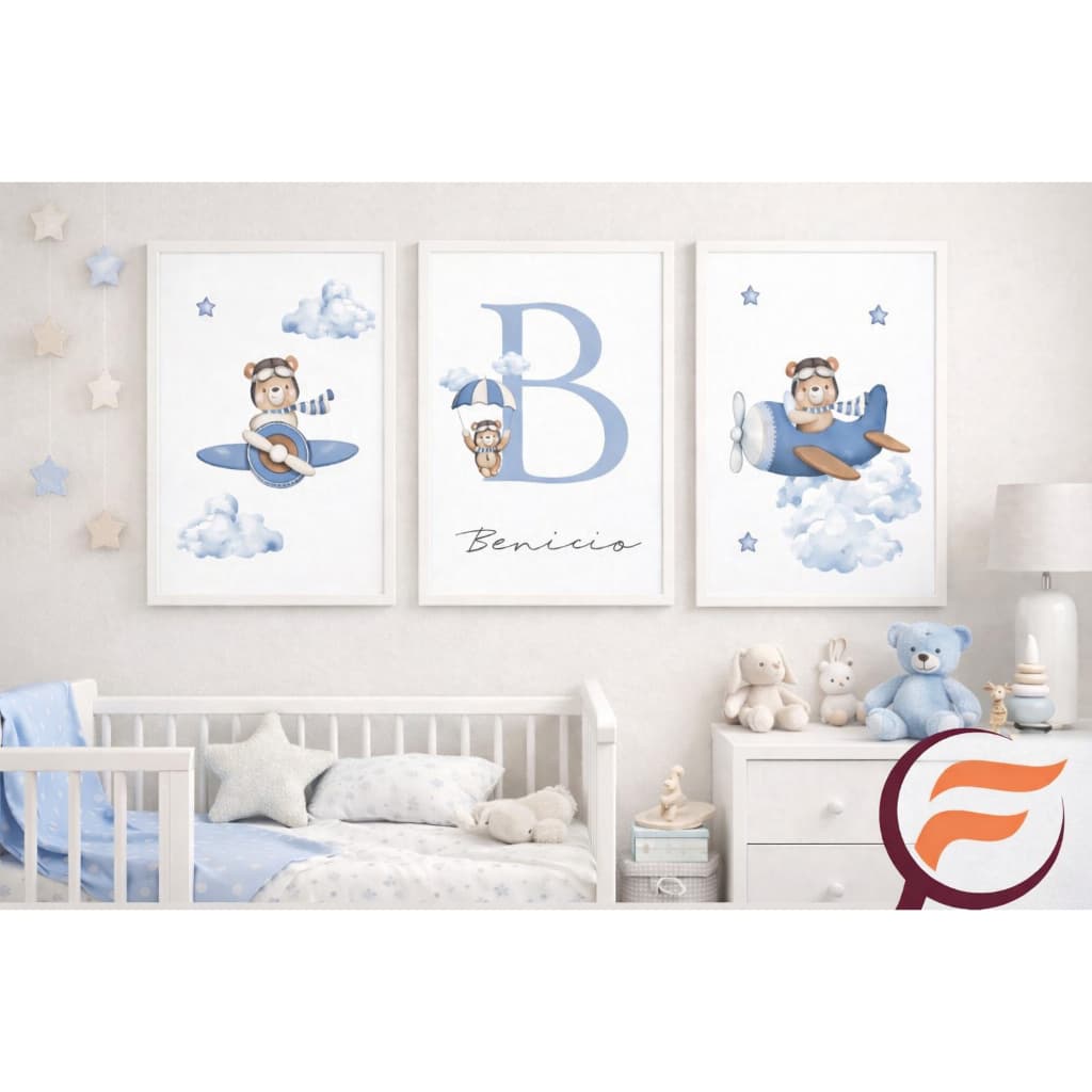 QUADRO DECORATIVO INFANTIL MENINO URSO BALOEIRO COM NOME PERSONALIZADO