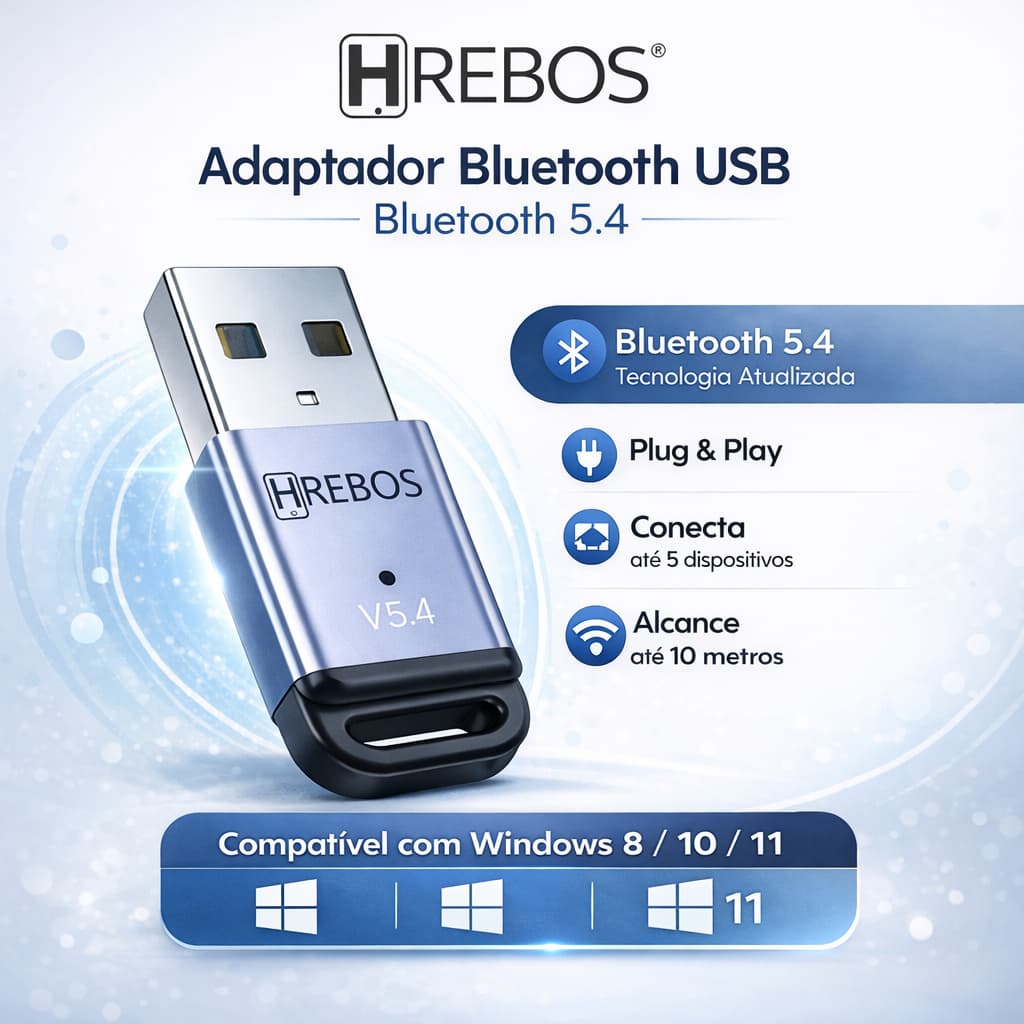 Adaptador Bluetooth USB 5.4 para PC Notebook – Conecta até 5 Dispositivos | Windows 8/10/11 - Alcance de 10m