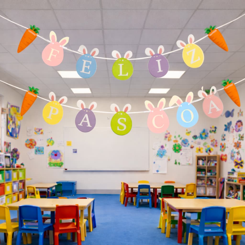 Faixa de Páscoa Decorativa Bandeirinhas Papel Feliz Páscoa Cenoura Coelhos Coloridos - Silver Festas