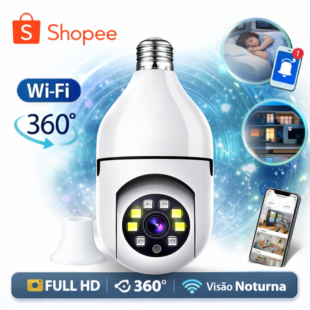 Câmera Lâmpada Segurança WiFi Sem Fio 360 IP Full HD, PTZ Visão Noturna - BIVOLT