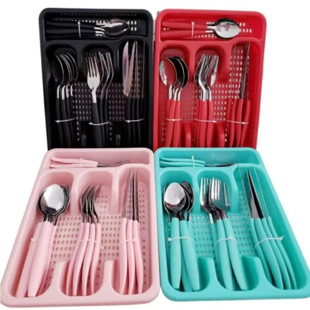 Jogo de Talheres Inox 24 Peças Completo + Suporte Gaveteiro