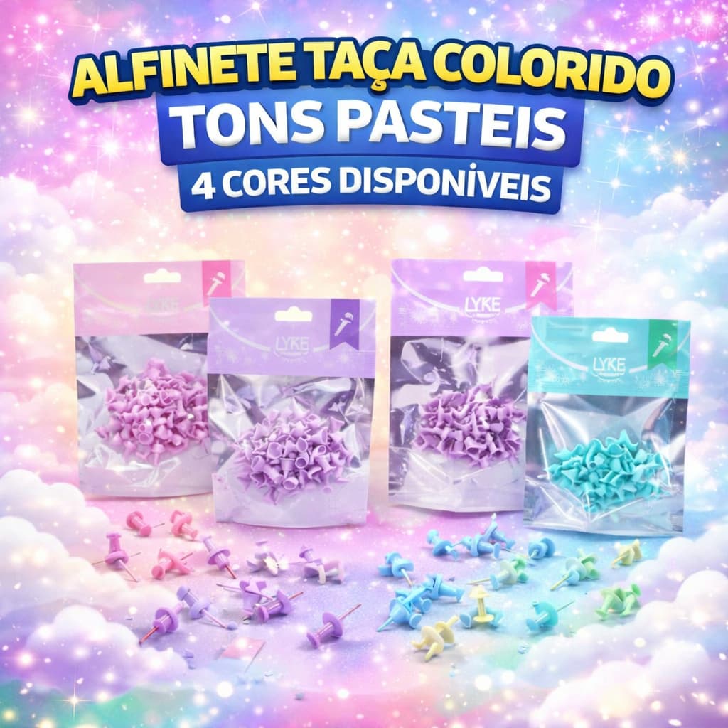 Alfinete Tipo Taça Colorido 50 Unidades LYKE Para Cortiça Mapa Painel Fixação Escritório Escolar Pastel