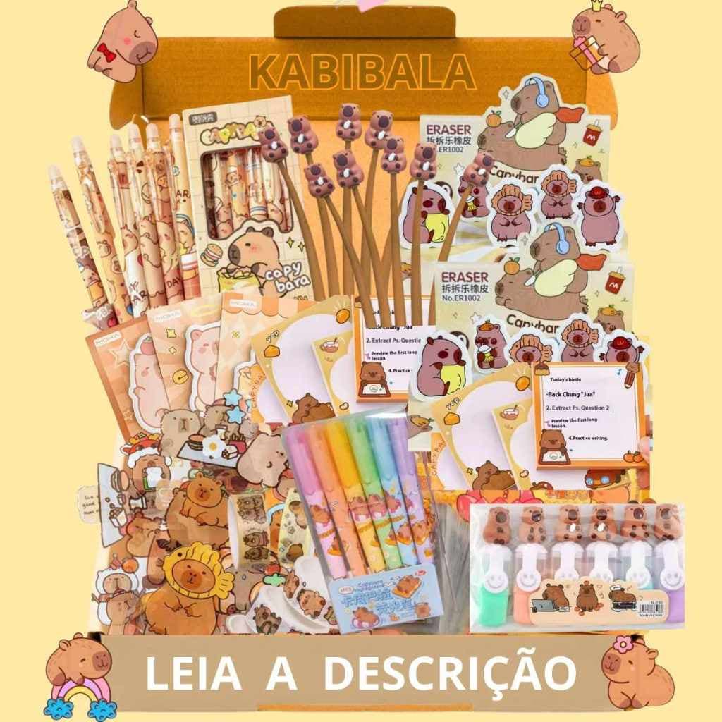 Kit Papelaria Fofa Capivara Kawaii Presente Criativo Menino Menina Caneta Lápis Marca Texto Adesivo Bloquinho