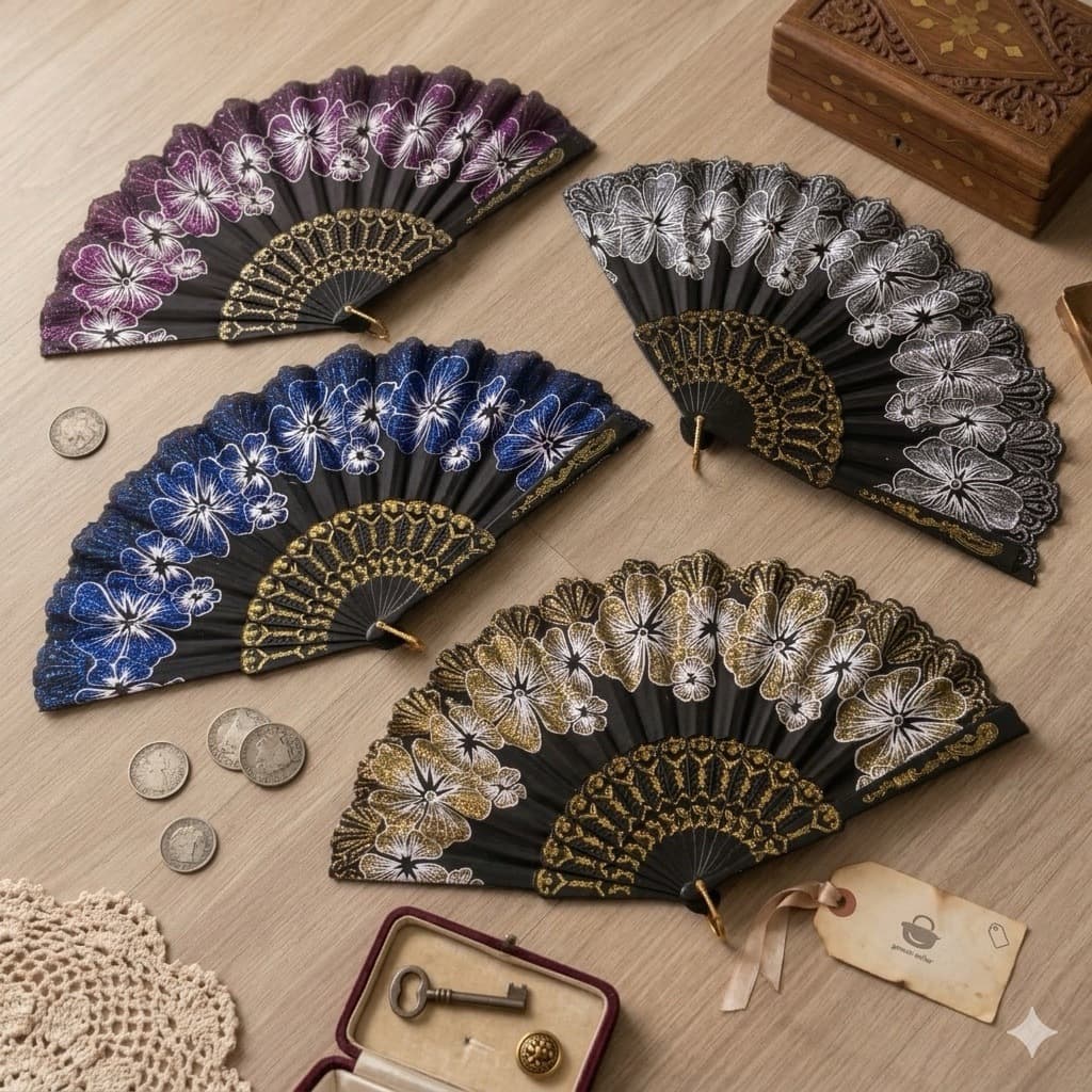 Kit 2 Leque Floral Retrô Dobrável Plastico Preto Renda Beleza e Funcionalidade de Tecido Estampado