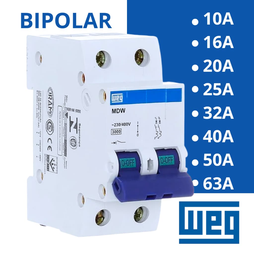 Disjuntor Bipolar Din Curva C 10A 16A 20A 25A 32A 40A 50A e 63A WEG