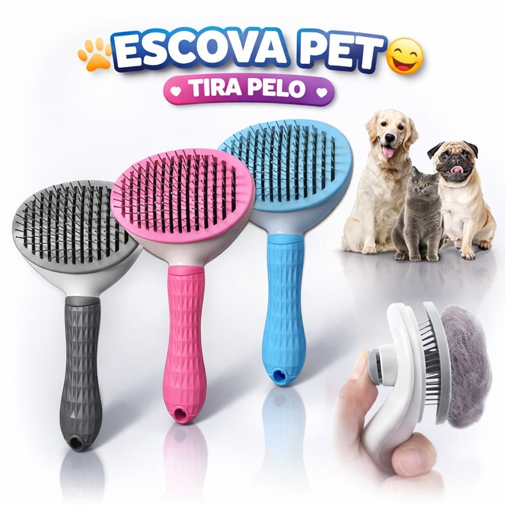 Escova Tira Pelos Pet Cães e Gatos Autolimpante com Botão de Limpeza Profissional