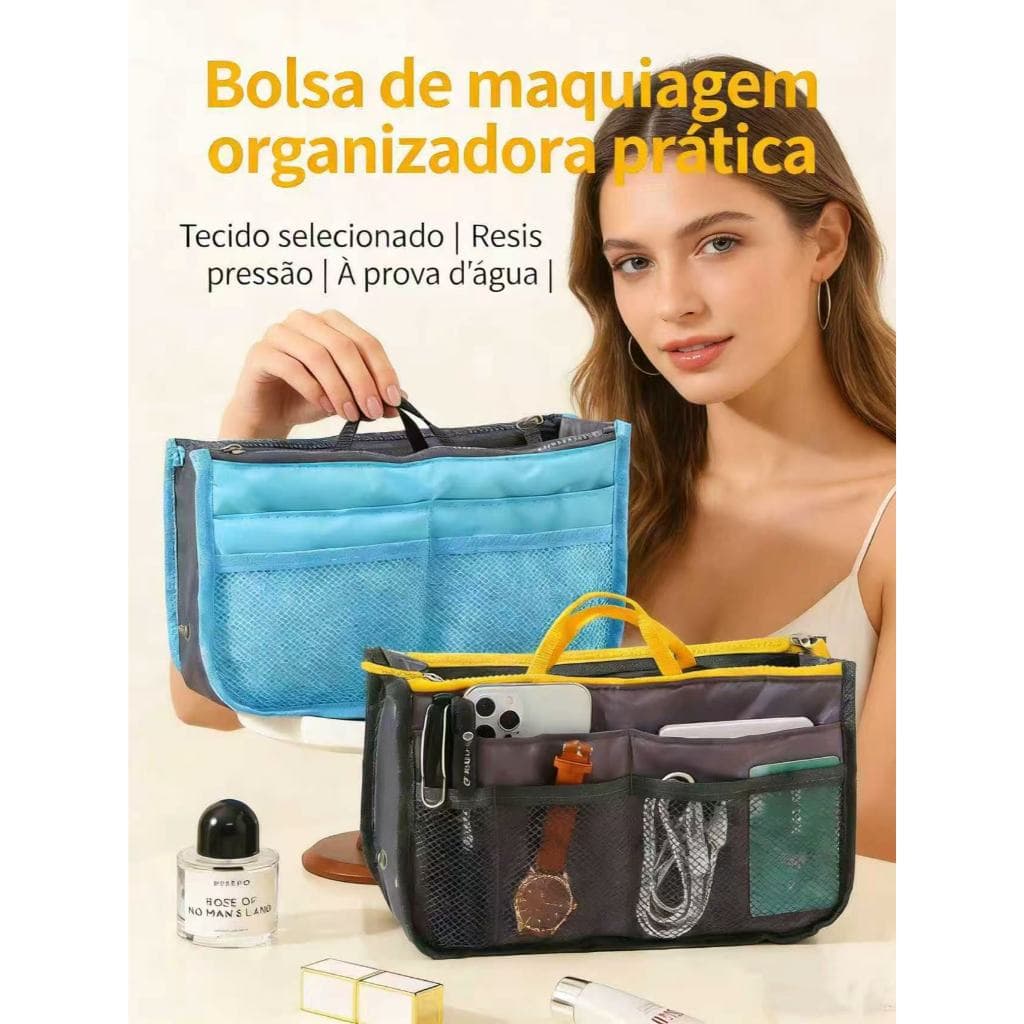 Bolsa organizadora de maquiagem pequena, forro interno, zíper duplo, cinza, grande, bolsa multifuncional