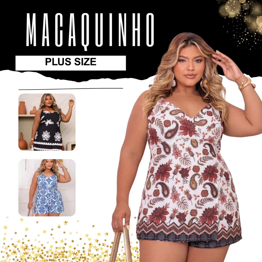 Macaquinho Macacão Plus Size Estampado Short Saia Alça Larga All Cuve Verão Leve Fresco