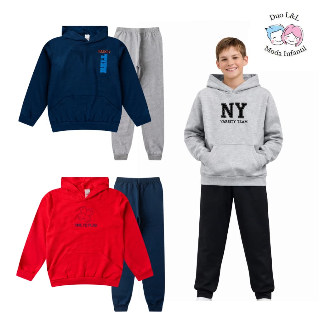 Conjunto Moletom Juvenil Masculino Inverno Menino 2 Peças Blusão Capuz + Calça