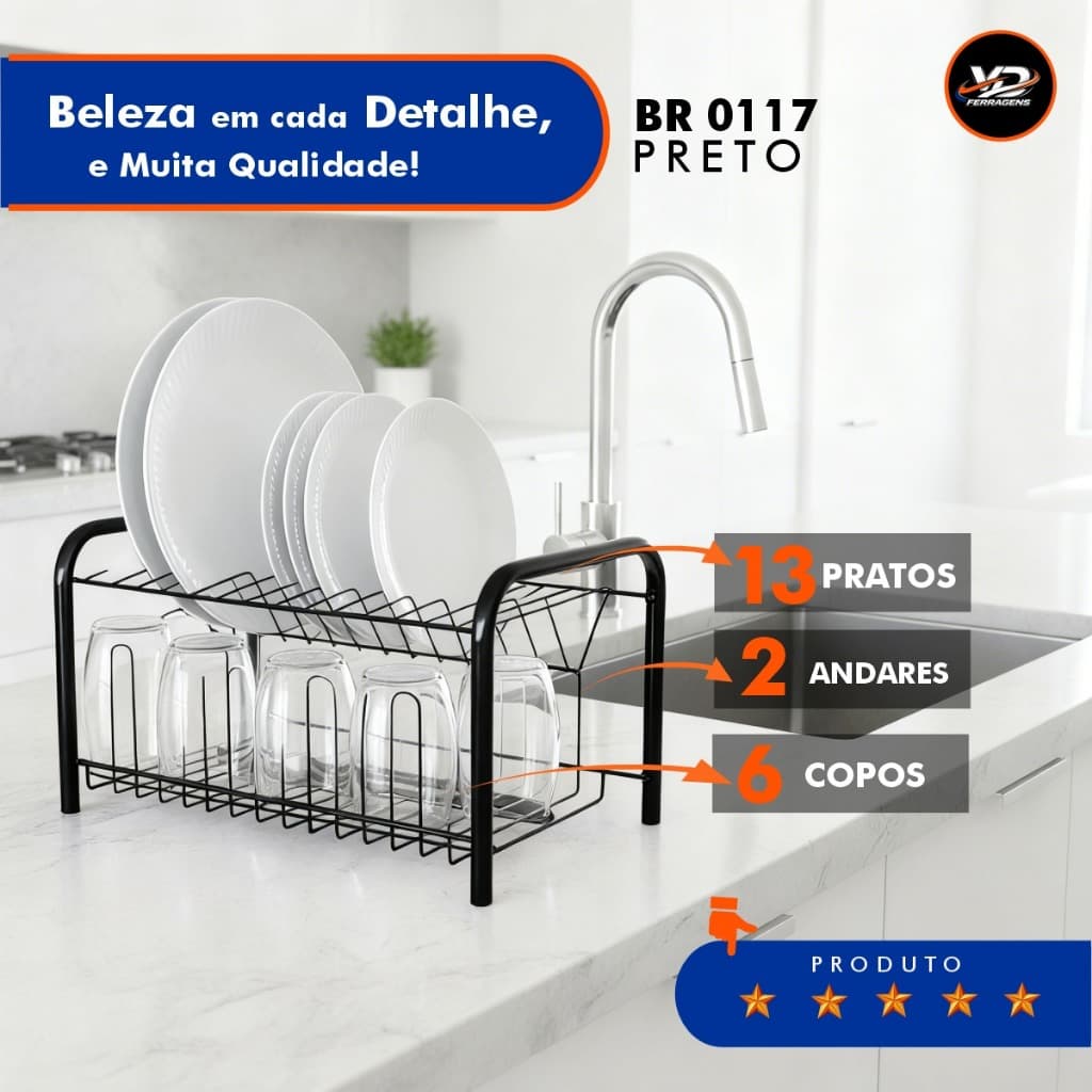 Escorredor De Louças Versátil Dois Andares Compacto E Reforçado Com Porta Pratos E Copos De Luxo  BR117