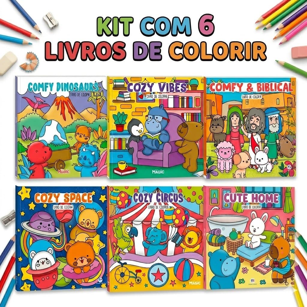 Kit 6 Livros de Colorir Cute Comfy Goods Desenhos Fofos e Criativos Arte Relaxante