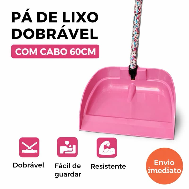 Pá de Lixo Premium Dobrável Reforçada COM CABO LONGO 60cm Limpeza Casa Comércio Escritório