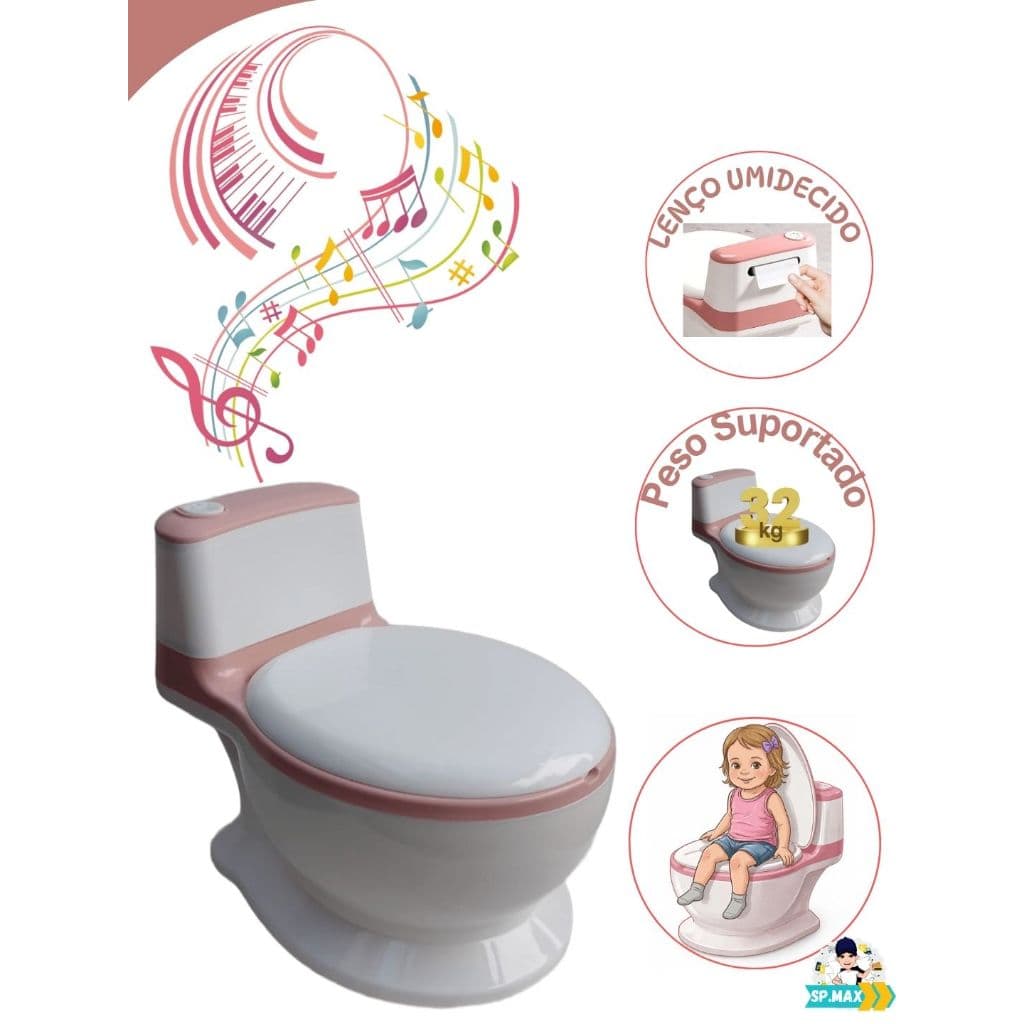 Privadinha Musical (Simula Som Real da Descarga) 32Kg Penico Infantil Bebe Troninho Desfralde Rosa