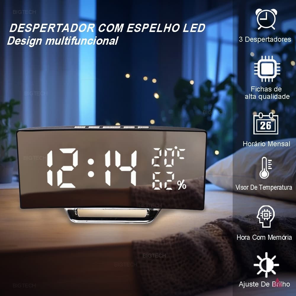 Relógio De Mesa Digital Full LED Inteligente Com Despertador Alarme Temperatura E Soneca