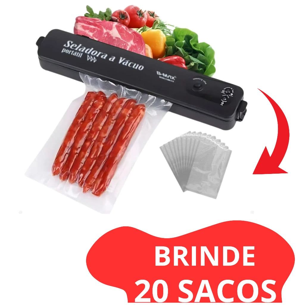 Seladora à Vácuo para Embalar Armazenar Congelar Alimentos Domésticos Bivolt Com 20 Sacos Grátis